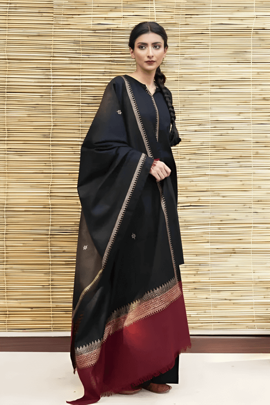 3 Piece - Unstitched Dhanak Stuff Full Embroidered Suit With Printed Wool Shawl.