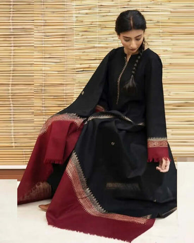 3 Piece - Unstitched Dhanak Stuff Full Embroidered Suit With Printed Wool Shawl.